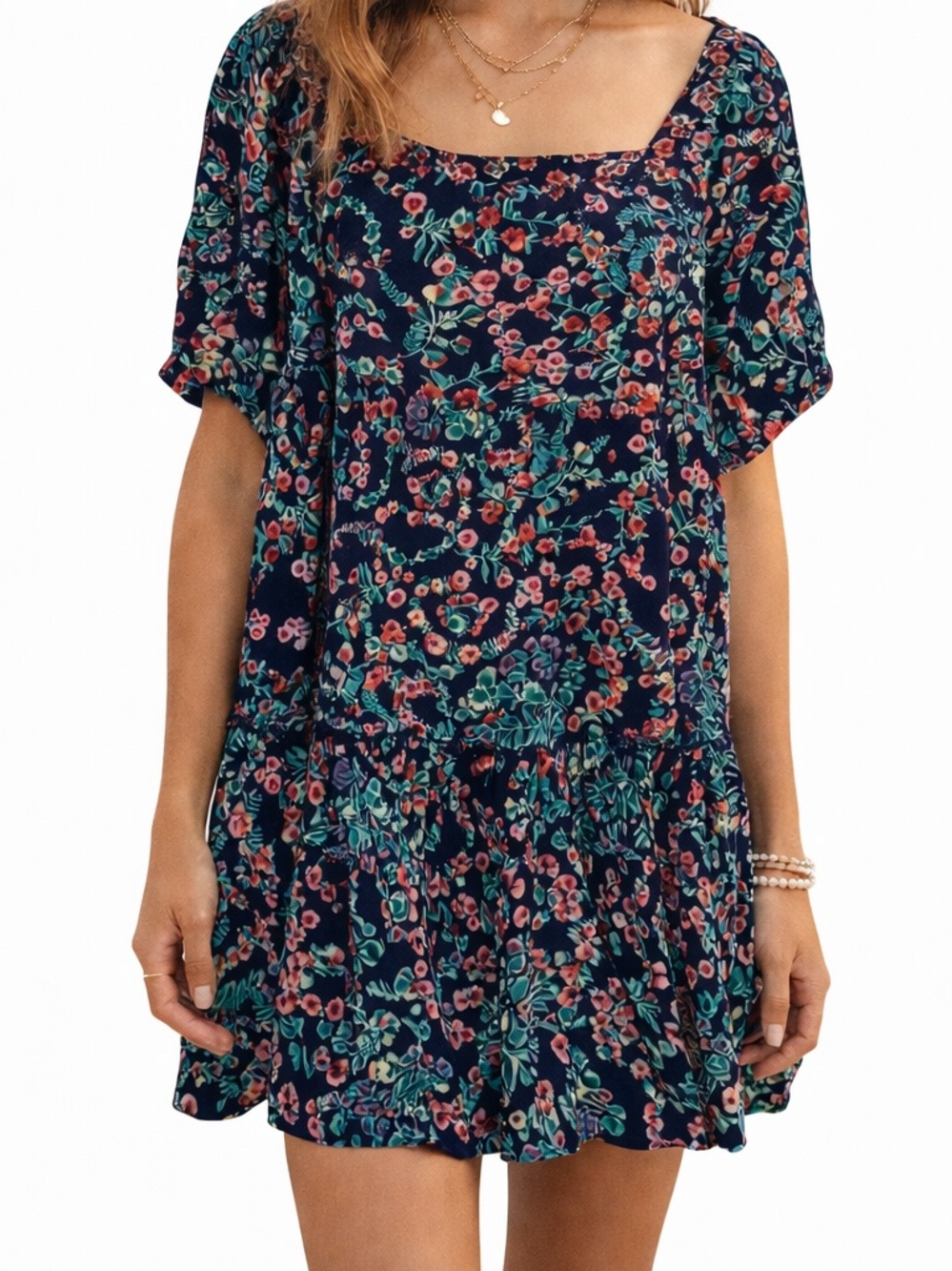BILA Navy Blue Floral‎ Rayon Mini Dress Sleeveless Summer Casual Size Small